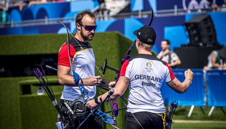 Foto: World Archery / Sorgten in Paris für Glücksmomente im deutschen Bogensport und kommen mit Olympia-Silber zur DM nach Wiesbaden: Florian Unruh und Michelle Kroppen.